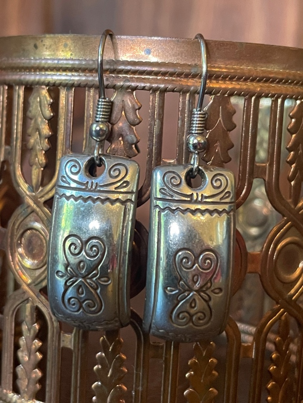 Brighton Silver-Tone French Wire Earrings with Scrolled Floral and Heart Details